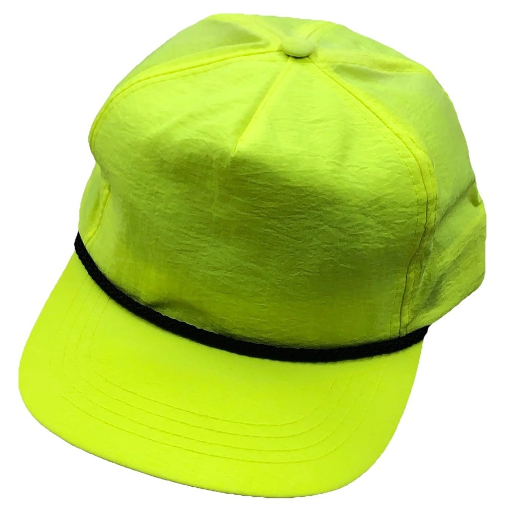 Vintage Trucker Blank Hat Cap Strap Back Neon Yellow Nylon Rope Vibrant 90s Y2K
